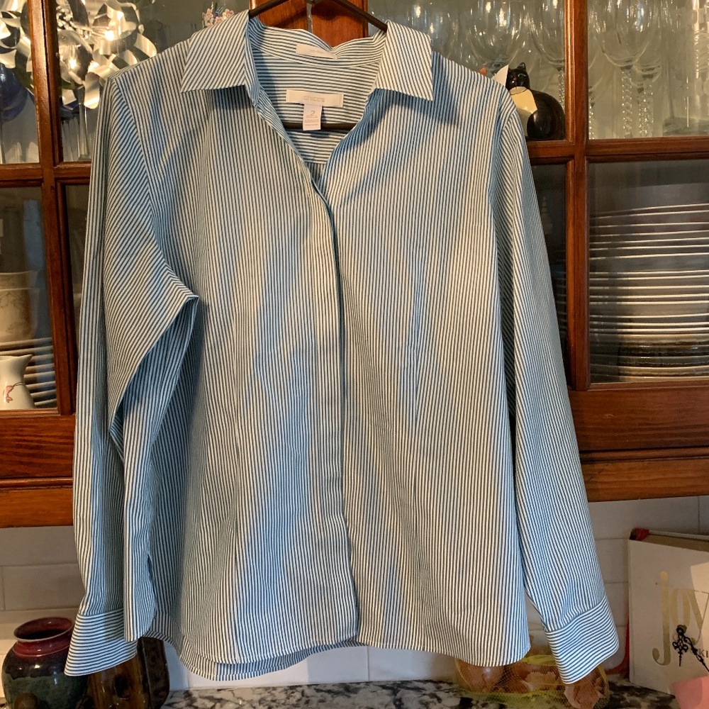 Chico’s no iron,  metallic striped  button down. . Never worn. Perfect condition